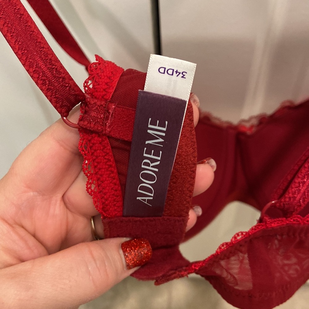 NEW! Adore Me red, lined, lace bra AND matching hiphugger panty. Only worn once - Picture 4 of 6